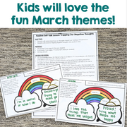 Educational materials with rainbow designs and text on a textured surface