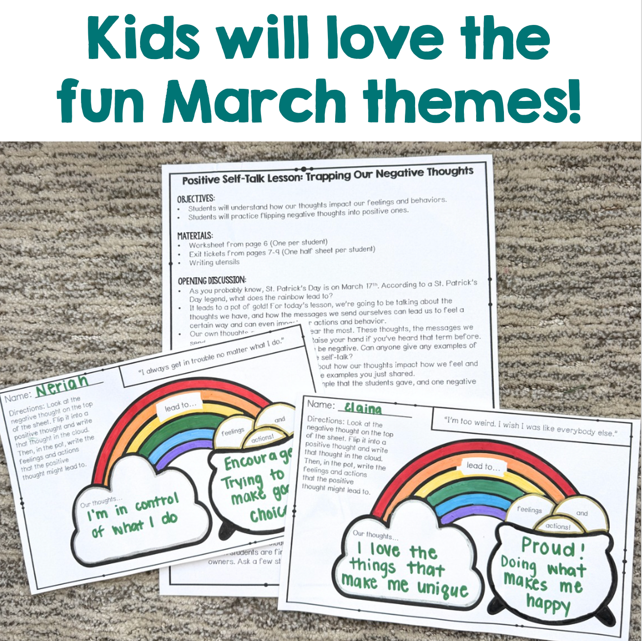 Educational materials with rainbow designs and text on a textured surface
