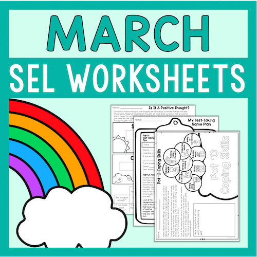 Cover of March SEL Worksheets with rainbow and cloud design on a teal background