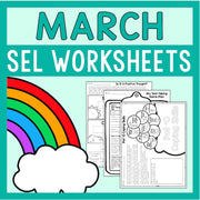 Cover of March SEL Worksheets with rainbow and cloud design on a teal background