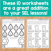 Two worksheets on a wooden surface with text about their use in SEL lessons.