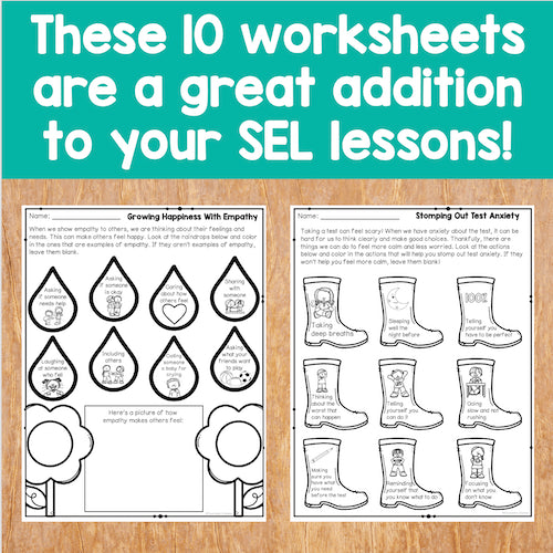 Two worksheets on a wooden surface with text about their use in SEL lessons.