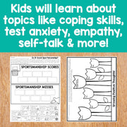 Educational worksheets on a wooden surface with text about learning topics like coping skills and empathy.