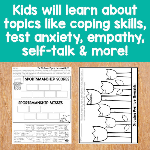 Educational worksheets on a wooden surface with text about learning topics like coping skills and empathy.