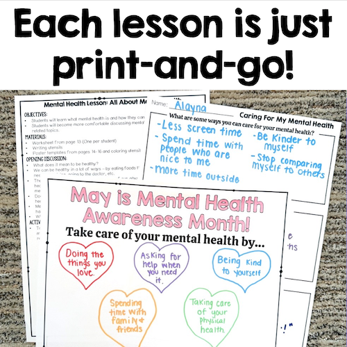 Educational materials on mental health with text overlay on a textured background