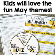 Educational materials with self-advocacy theme and bee graphics on a white background.