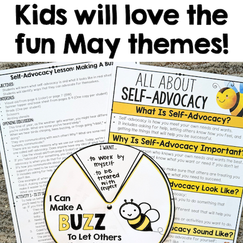 Educational materials with self-advocacy theme and bee graphics on a white background.