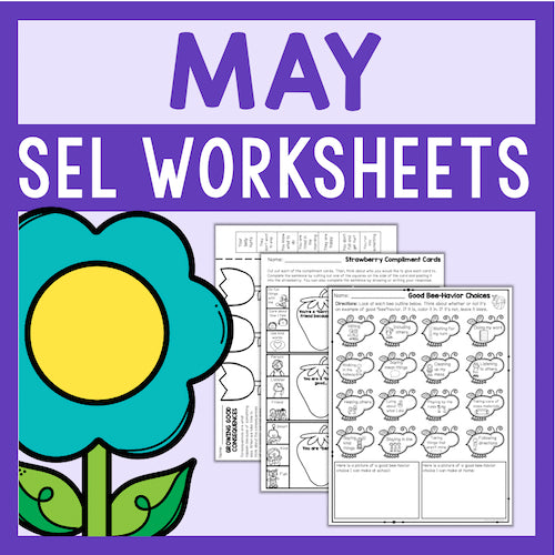 May SEL Worksheets with a flower graphic on a purple background
