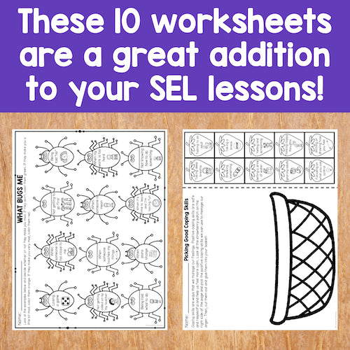 Educational worksheets on a wooden surface with promotional text about SEL lessons.