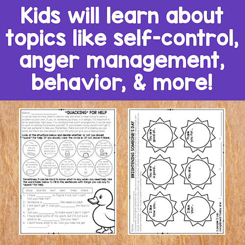 Educational worksheets for kids on a wooden surface with a purple background text.