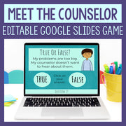 Laptop displaying a counseling game on a purple background with text 'Meet the Counselor Editable Google Slides Game'.