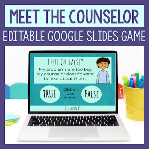 Laptop displaying a counseling game on a purple background with text 'Meet the Counselor Editable Google Slides Game'.