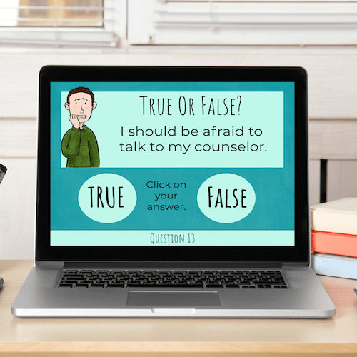 Laptop displaying a True or False question on a desk with books in the background