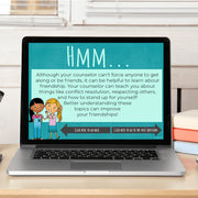 Laptop displaying an educational screen with text and cartoon characters on a desk.