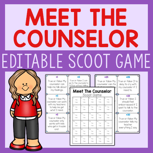 Promotional graphic for 'Meet the Counselor' editable scoot game with a cartoon counselor character on a purple background.
