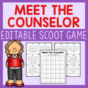 Promotional graphic for 'Meet the Counselor' editable scoot game with a cartoon counselor character on a purple background.