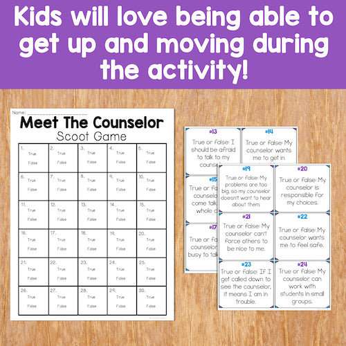 Educational materials for a counselor's office on a wooden surface with text about kids loving physical activity.