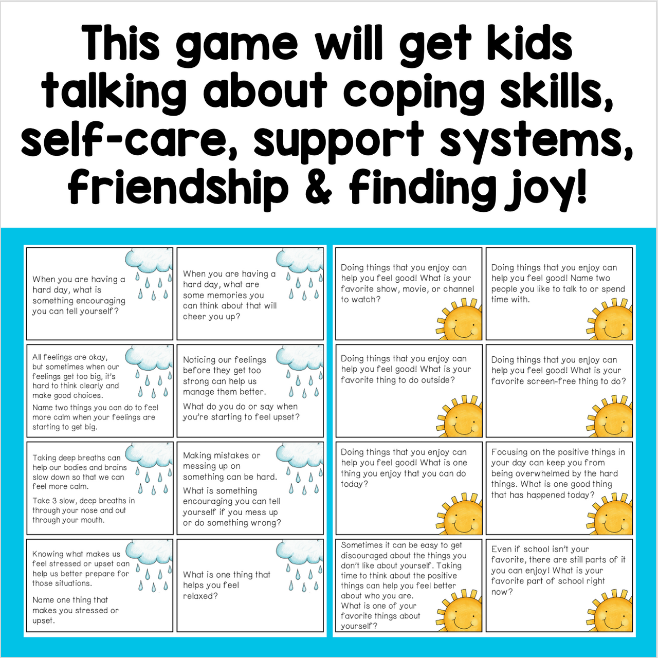 Educational game cards for kids on coping skills, self-care, support systems, friendship, and finding joy.