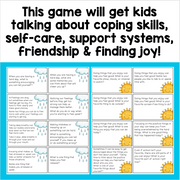 Educational game cards for kids on coping skills, self-care, support systems, friendship, and finding joy.
