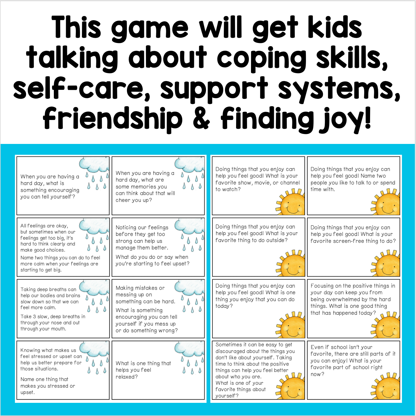Educational game cards for kids on coping skills, self-care, support systems, friendship, and finding joy.