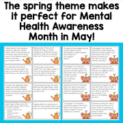 Mental Health Awareness Month poster with activities and questions for self-reflection, featuring cartoon characters and text.