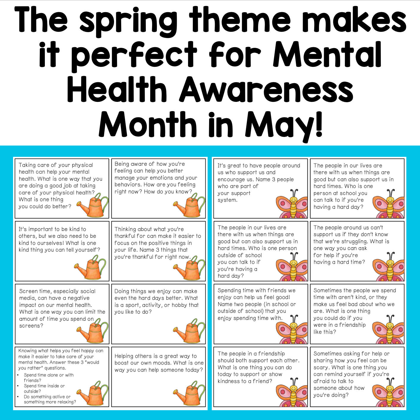 Mental Health Awareness Month poster with activities and questions for self-reflection, featuring cartoon characters and text.