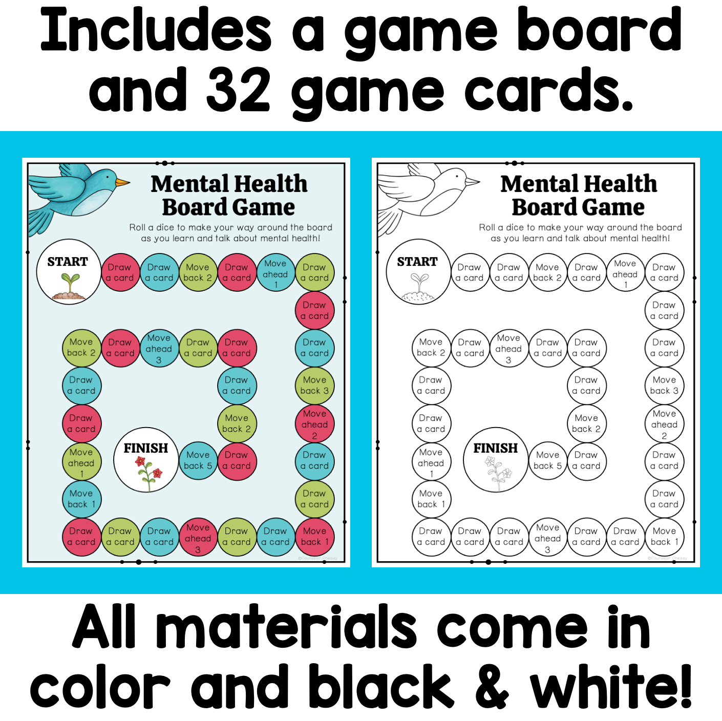Mental Health Board Game with game board and cards on a blue background