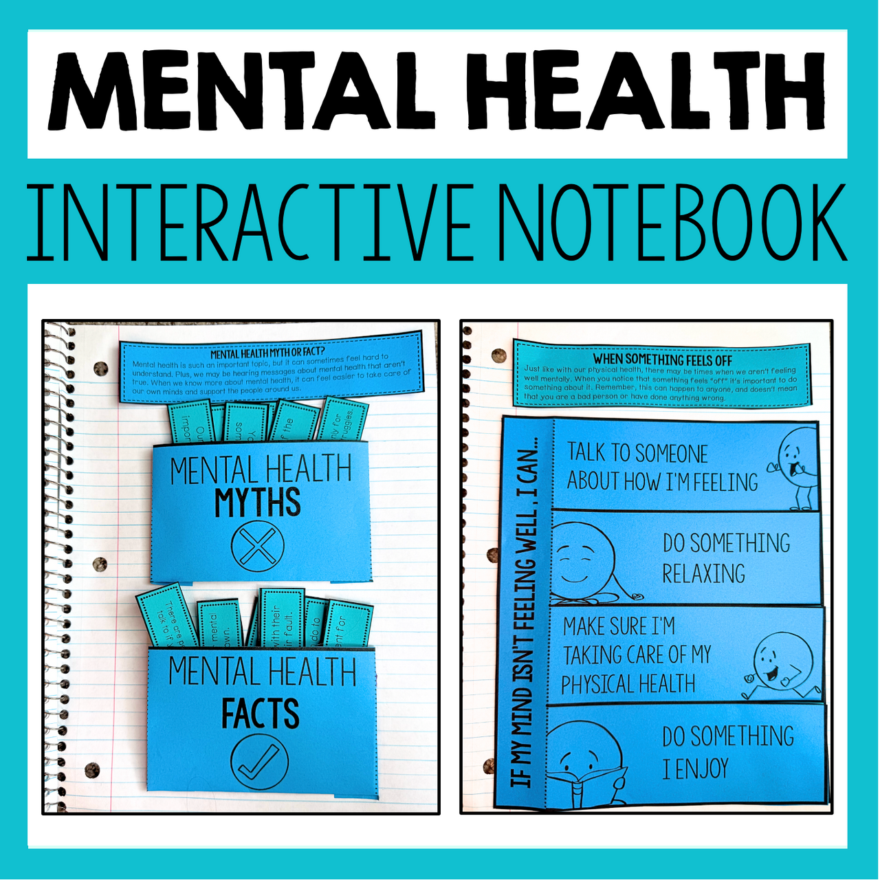 Mental Health Interactive Notebook with blue and black design on a light blue background