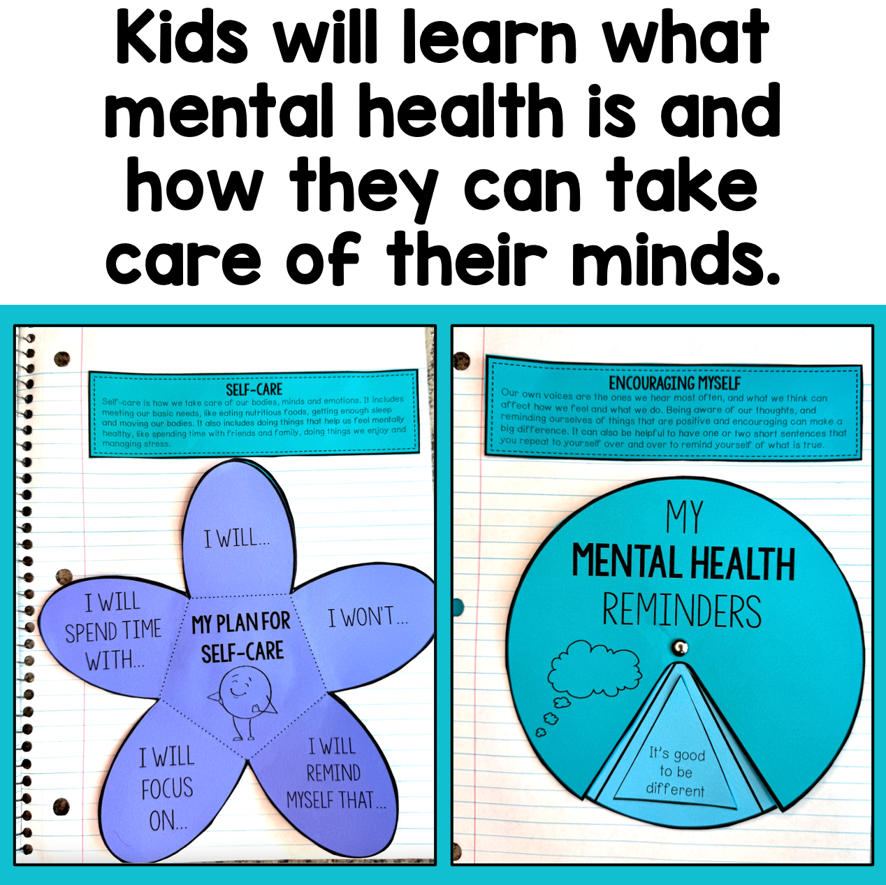 Educational materials on mental health in a notebook format with text and graphics.