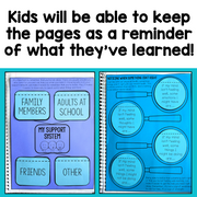 Educational workbook with mental health worksheets on a blue background