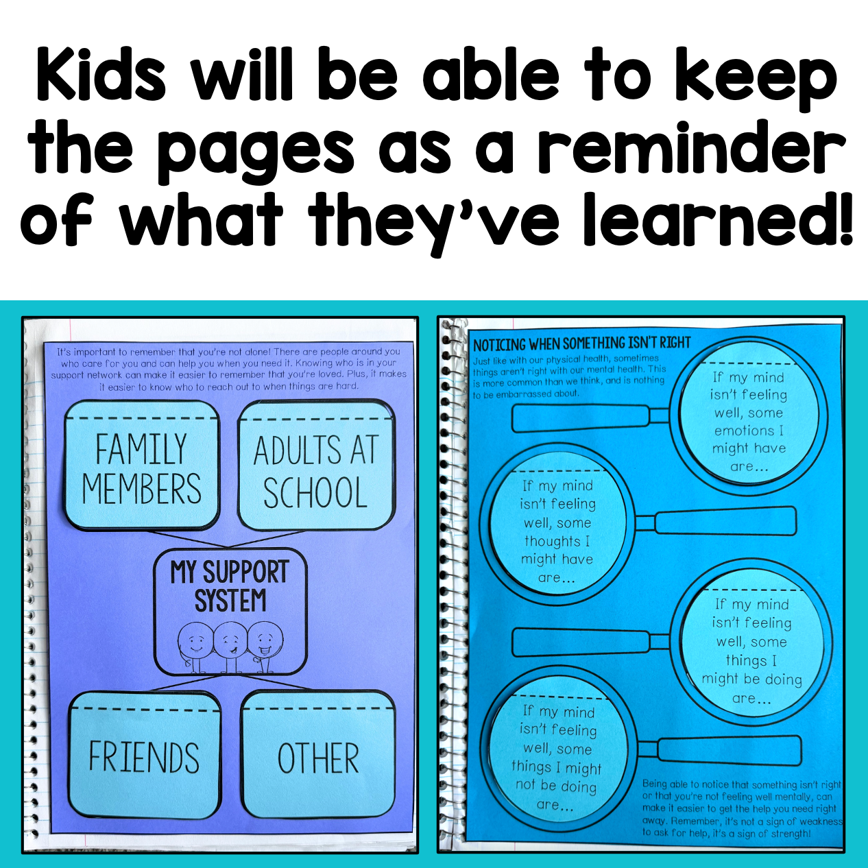 Educational workbook with mental health worksheets on a blue background
