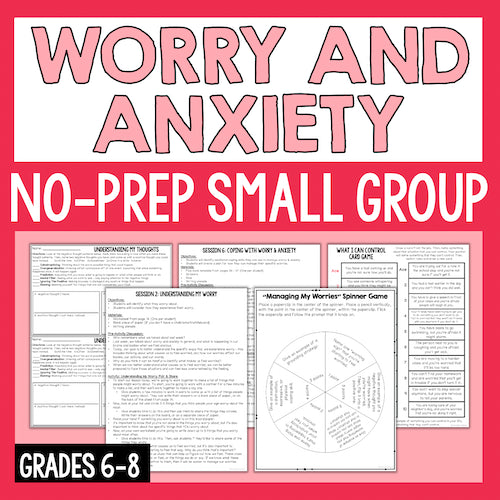 No-prep small group resource for worry and anxiety on a pink background with text and worksheets.