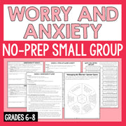 No-prep small group resource for worry and anxiety on a pink background with text and worksheets.