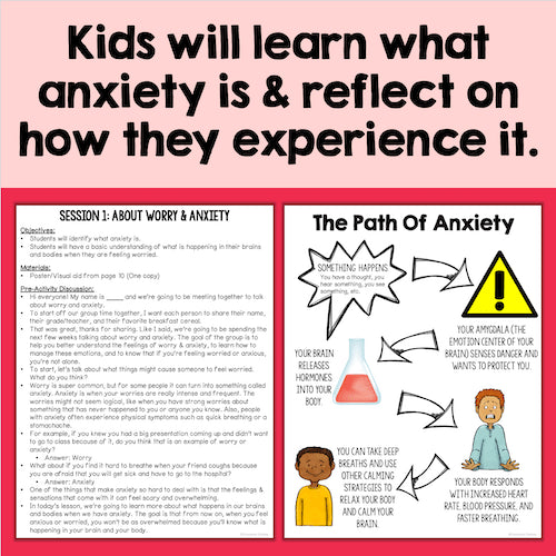 Educational material about anxiety for children on a pink background