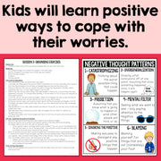 Educational material on coping with worries, including text and illustrations on a pink background.