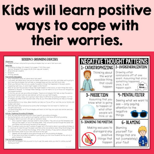 Educational material on coping with worries, including text and illustrations on a pink background.