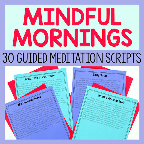 Promotional graphic for 'Mindful Mornings' with guided meditation scripts on a light blue background.