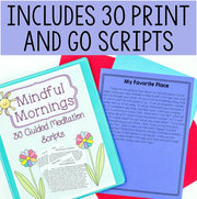 Two educational printables with colorful designs on a red and blue background, featuring text about guided meditation scripts.