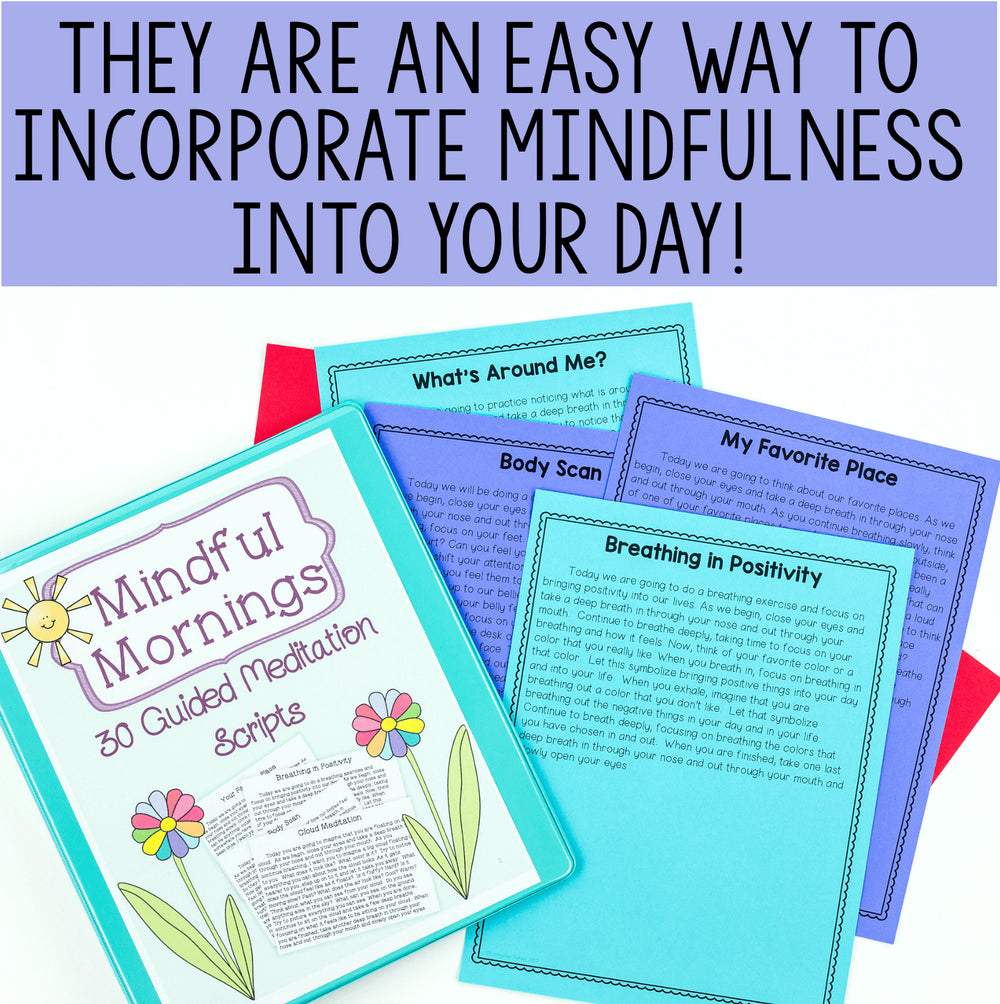 Mindful mornings guided meditation scripts with colorful covers on a white background