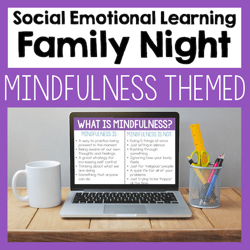 Promotional graphic for Social Emotional Learning Family Night with a laptop on a desk.