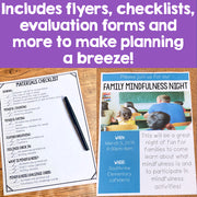 Flyers, checklists, and evaluation forms for planning an event on a wooden surface with a purple background.