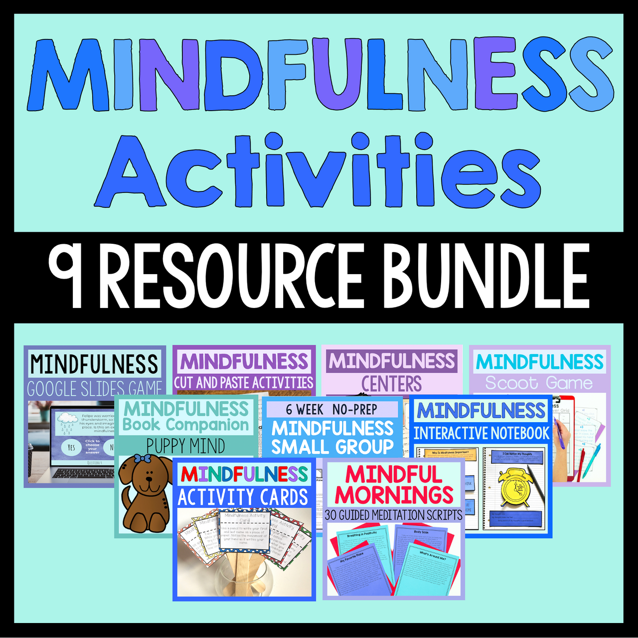 Mindfulness activities resource bundle with various activities on a light blue background