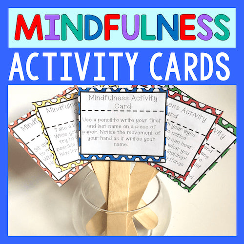 Mindfulness activity cards with colorful border and text on a blue background