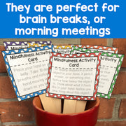 Mindfulness activity cards in a red container with text about their use in brain breaks or morning meetings.