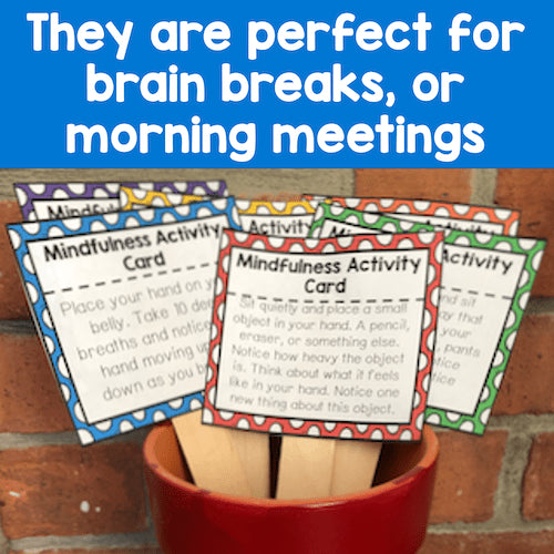 Mindfulness activity cards in a red container with text about their use in brain breaks or morning meetings.