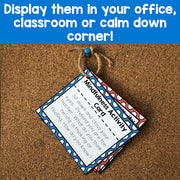 Mindfulness activity card on a cork board with text encouraging display.