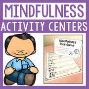 Mindfulness activity centers with a cartoon character and game sheet on a purple background