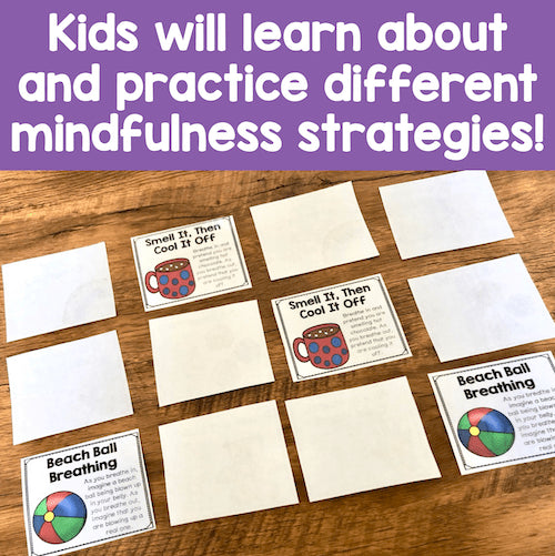 Mindfulness strategy cards on a wooden surface with text about learning and practicing mindfulness.
