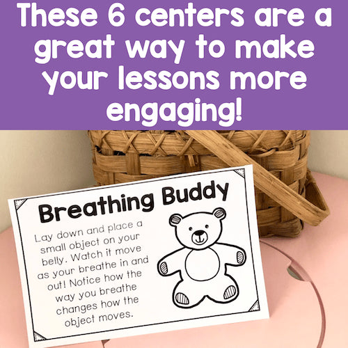 Breathing Buddy activity card with text and a basket in the background
