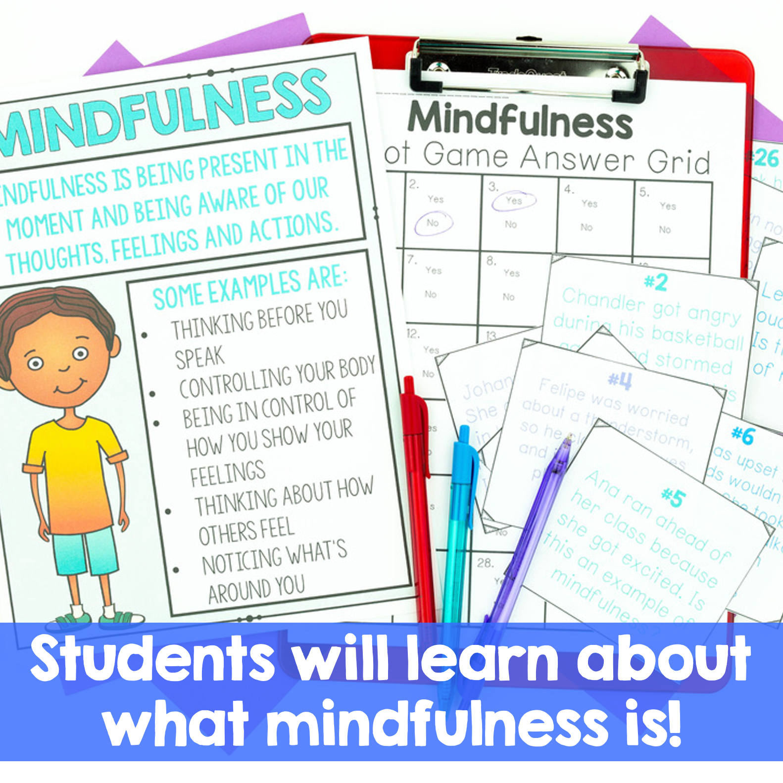 Mindfulness educational materials with a child illustration and text about mindfulness.